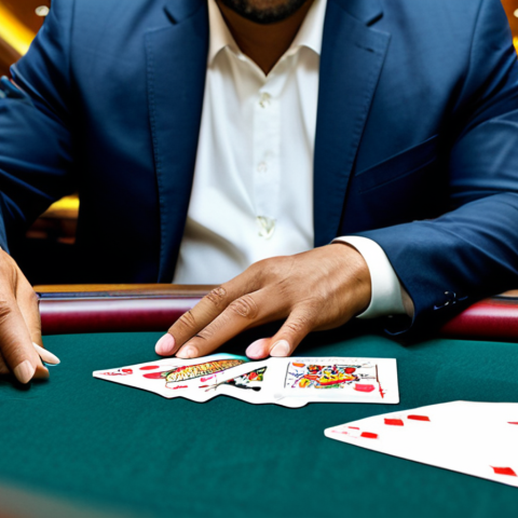 **Prompt:** "A professional, fully clothed card dealer in a high-end casino, dealing cards at a blackjack table, appropriate attire, safe for work, perfect anatomy, natural proportions, professional photography, well-lit, focus on hands, modest clothing, family-friendly environment."